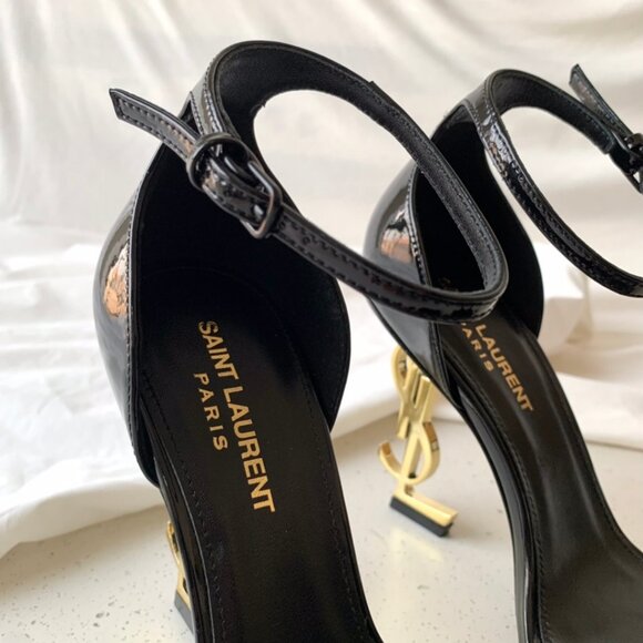 Saint Laurent Black Patent Leather Stiletto Sandals With Metal Letters - Picture 5 of 9